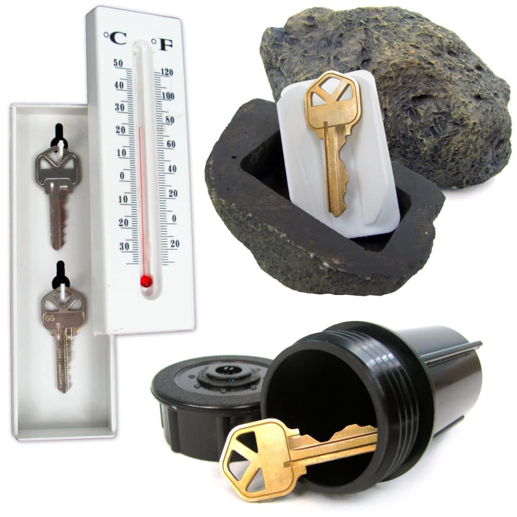 Hide-a-key products: Rock, thermometer, sprinkler head
