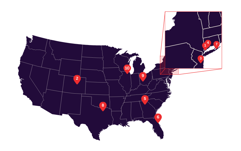 Map of the Top 10 Safest U.S. Cities